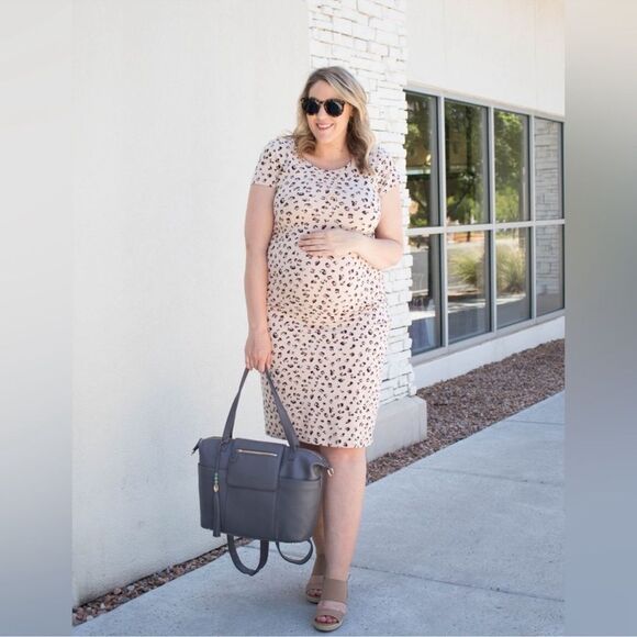 Isabel Maternity Cheetah Leopard Print Ruched Midi T-Shirt Dress Medium - Picture 3 of 12